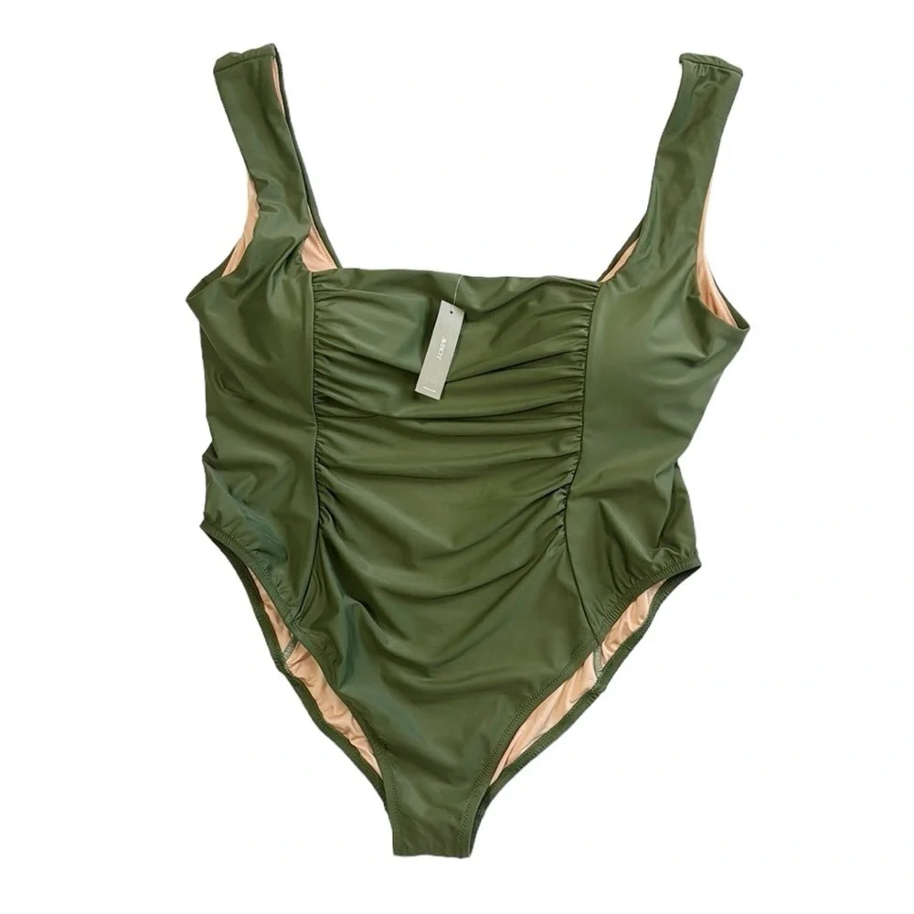 J. Crew Ruched Squareneck  One Piece‎ Swimsuit Women's Plus 24 Green New BF179